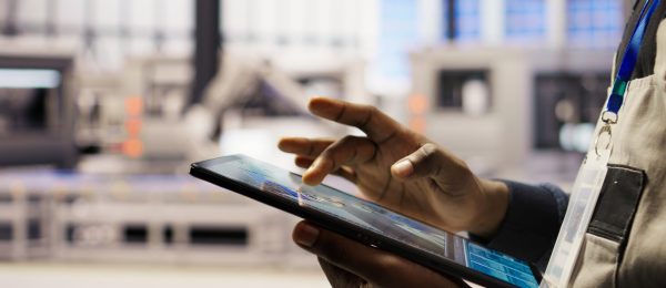 Close up of engineer using tablet to design solar panels factory layouts, utilizing CAD software and simulation tools, optimizing production systems in automated photovoltaics plant, camera A