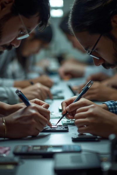 pessoas trabalhando com assistencia de celulares