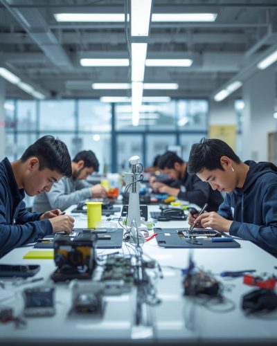 sala comercial de varias pessoas trabalhando consertando celular