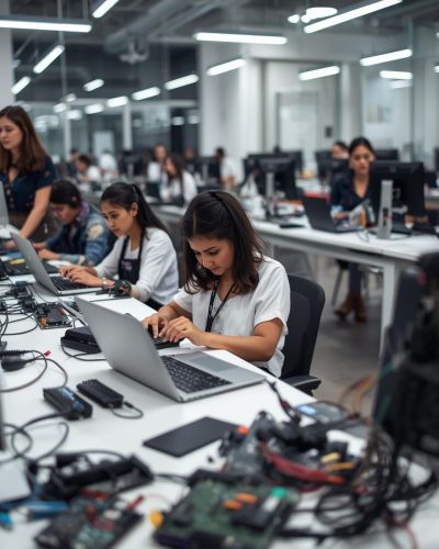 sala comercial de varias pessoas trabalhando consertando notebook e computador (1)