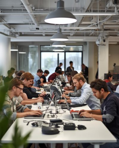sala comercial de varias pessoas trabalhando consertando notebook e computador